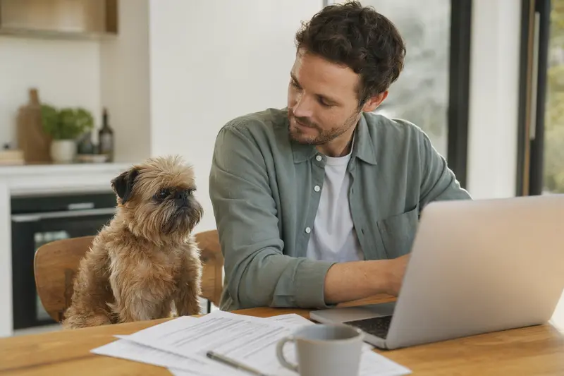 Ein Brüsseler Griffon Hund sitzt entspannt neben seinem Besitzer am Tisch mit Versicherungsunterlagen.
