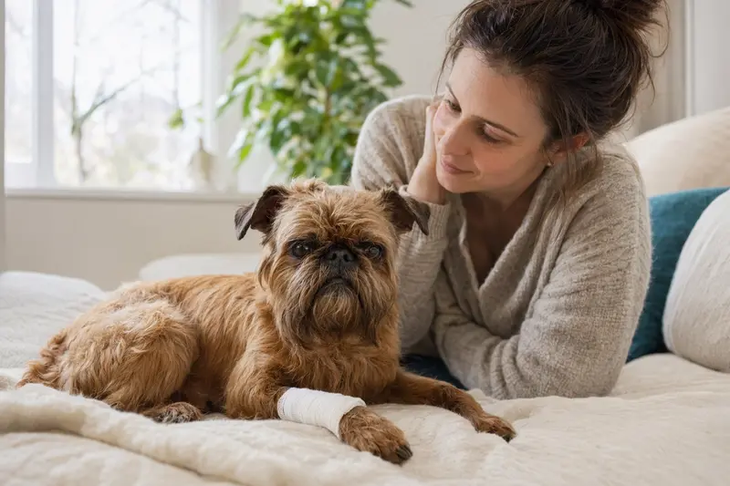 Ein entspannter Brüsseler Griffon mit Verband an der Pfote liegt neben seinem erleichterten Besitzer in einer hellen Wohnung.