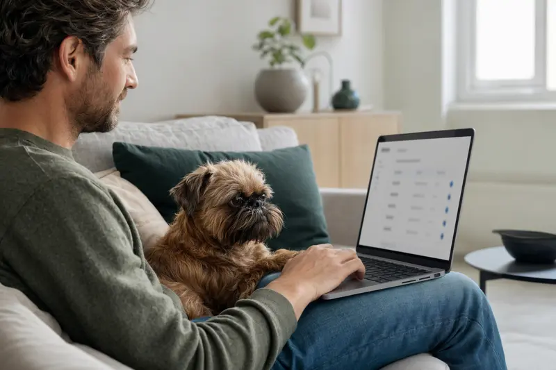 Ein Besitzer arbeitet am Laptop auf dem Sofa, während ein Brüsseler Griffon neben ihm sitzt, und zeigt unscharf eine Versicherungsvergleichs-Oberfläche.