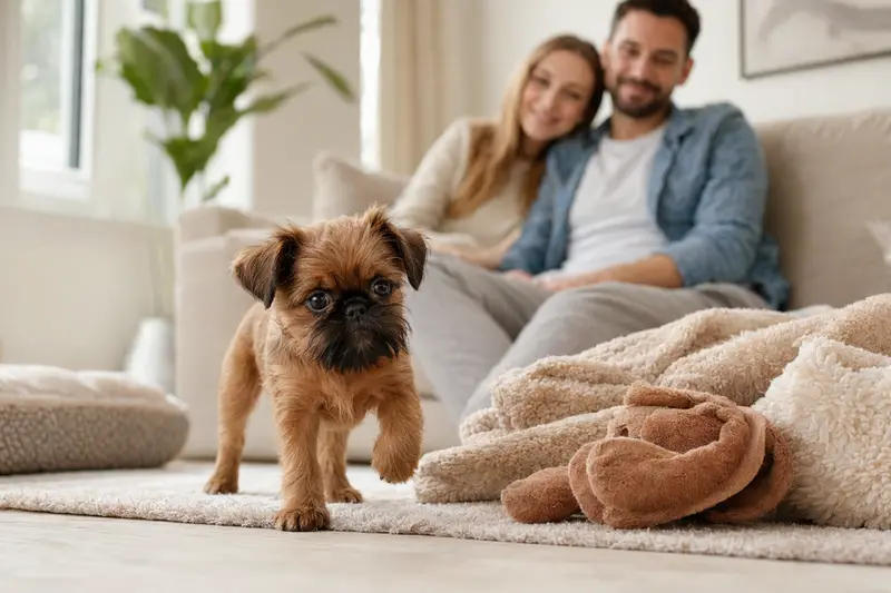 Ein junger Brüsseler Griffon Welpe erkundet neugierig sein neues Zuhause auf einer weichen Decke, während eine liebevolle Familie im Hintergrund zu sehen ist.