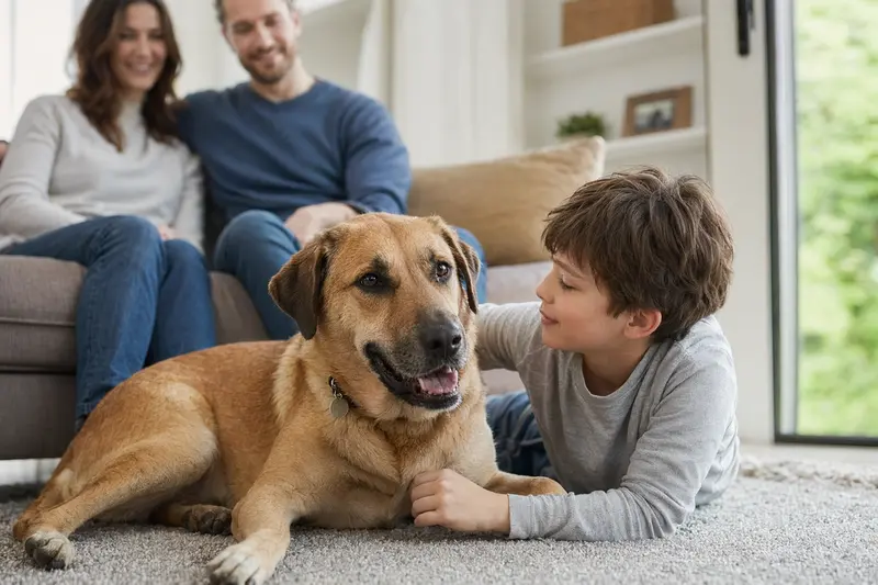 Ein entspannter Bruno du Jura Hund liegt neben einem Kind in einem hellen Wohnzimmer.