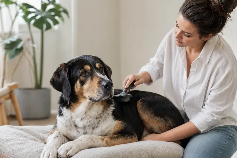 Ein Bruno du Jura Hund wird zuhause von seinem Besitzer sanft gebürstet, während die Fellpflege liebevoll und ruhig erfolgt.