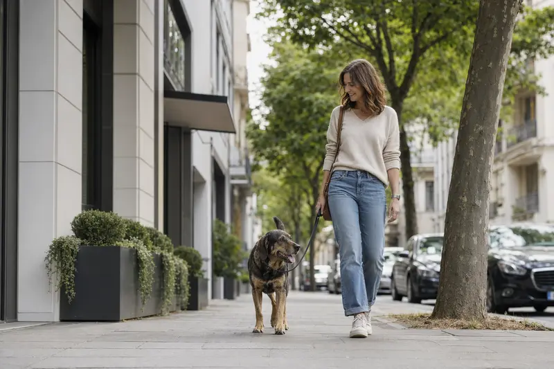 Ein Bruno du Jura Hund läuft an der Leine mit seinem Besitzer durch eine freundliche moderne Stadtstraße.