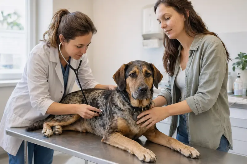 Ein ruhiger Bruno du Jura Hund wird von einer freundlichen Tierärztin in einer modernen Tierarztpraxis mit einem Stethoskop untersucht, während der Besitzer beruhigend daneben steht.