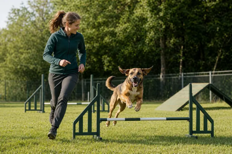 Ein Bruno du Jura Hund springt mit seinem Besitzer über eine kleine Trainingshürde auf dem Hundeplatz bei sonnigem Sonnenschein.