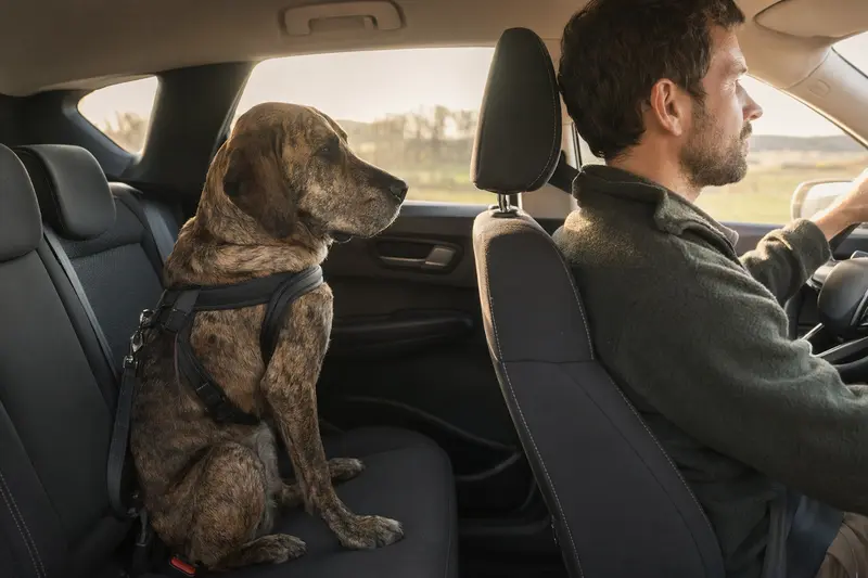 Ein sicher angeschnallter Bruno du Jura Hund auf der Rückbank eines Autos, während der Besitzer ruhig fährt.