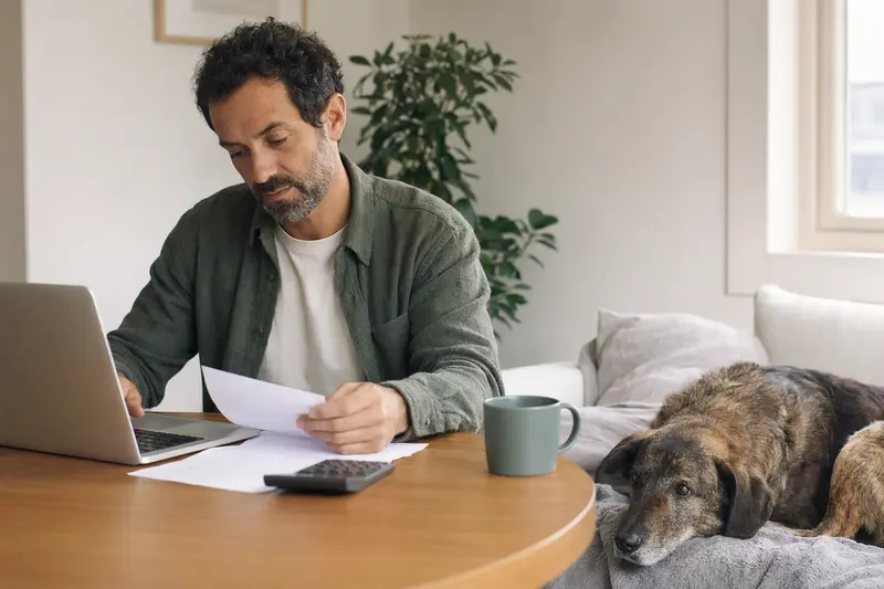 Ein Hundebesitzer sitzt mit einer Tierarztrechnung am Tisch, während ein entspannter Bruno du Jura Hund ruhig auf einer Decke liegt.