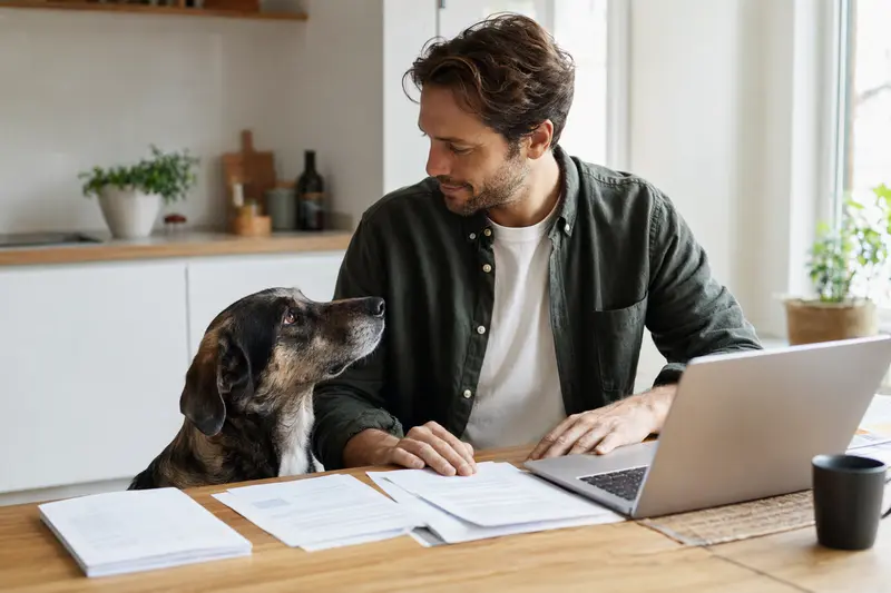 Ein Bruno du Jura Hund sitzt ruhig neben seinem Besitzer am Küchentisch mit Versicherungsunterlagen und einem Laptop.