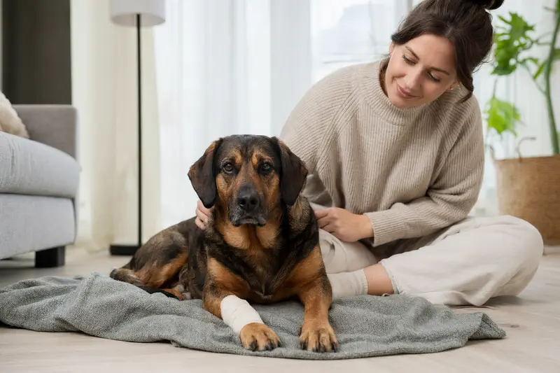 Ein Bruno du Jura Hund mit leichtem Verband an der Pfote liegt entspannt auf einer Decke neben seinem erleichterten Besitzer in einer hellen Wohnung.
