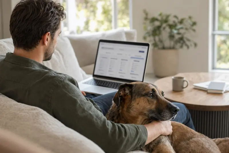 Ein Hundebesitzer sitzt auf dem Sofa mit einem Laptop, während neben ihm ein Bruno du Jura Hund liegt, ideal für einen Informationsvergleich von Tierversicherungen.