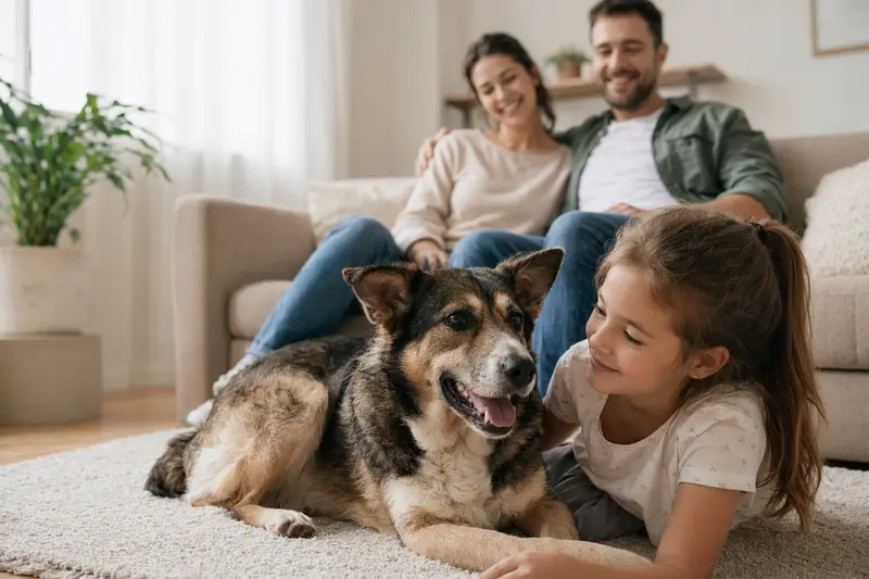 Ein freundlicher Bulgarischer Schäferhund liegt entspannt neben einem Kind im Wohnzimmer und schafft eine vertrauensvolle Familienatmosphäre.