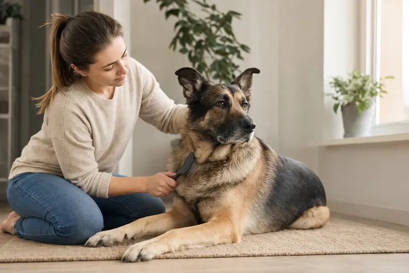 Ein Bulgarischer Schäferhund wird zuhause von seinem Besitzer sanft gebürstet und gepflegt.