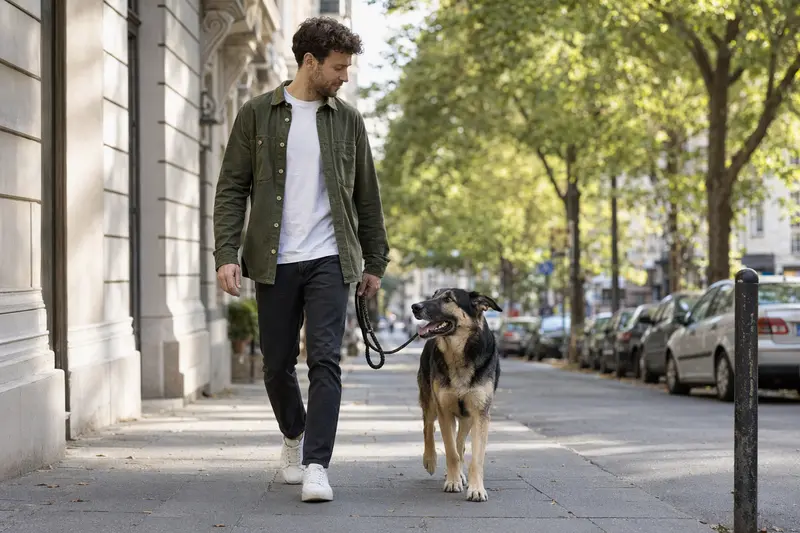 Ein Bulgarischer Schäferhund läuft an der Leine mit seinem Besitzer durch eine moderne Stadtstraße.