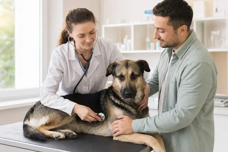 Ein ruhiger Bulgarischer Schäferhund wird von einer freundlichen Tierärztin mit einem Stethoskop in einer modernen Tierarztpraxis untersucht.