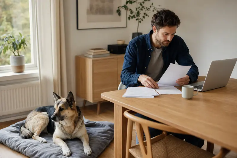 Ein Hundehalter sitzt mit einer Tierarztrechnung am Tisch, während ein entspannter Bulgarischer Schäferhund auf einer Decke liegt und das Thema Tierarztkosten und Hundeversicherung ruhig vermittelt.