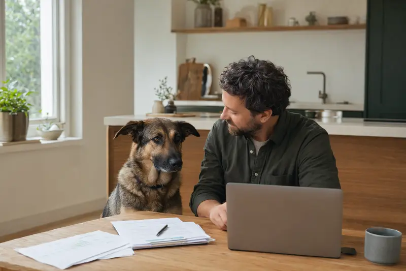 Ein Bulgarischer Schäferhund sitzt neben seinem Besitzer am Küchentisch, auf dem Versicherungsunterlagen und ein Laptop liegen.