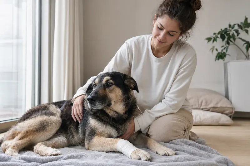 Ein entspannter Bulgarischer Schäferhund mit leichtem Verband liegt neben seinem erleichterten Besitzer auf einer Decke.