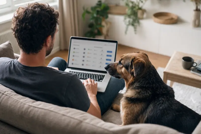 Besitzer mit Laptop auf dem Sofa, neben einem Bulgarischen Schäferhund in einer ruhigen Wohnung.