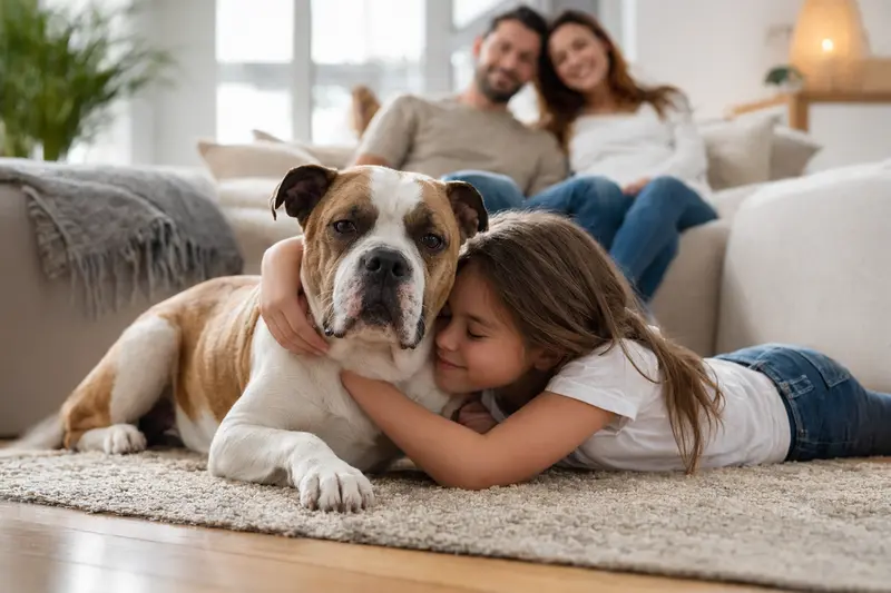 Eine entspannte Bulldogge liegt neben einem Kind im Wohnzimmer und vermittelt eine harmonische Familienatmosphäre.