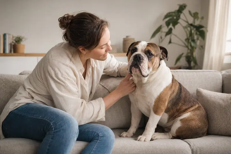 Aufmerksam stehende Bulldogge in natürlicher Haltung vor hellem Hintergrund als professionelles Hundeportrait.