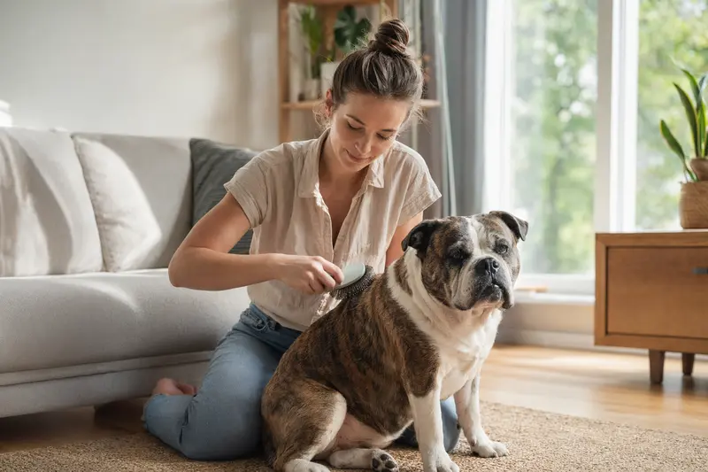 Eine Bulldogge wird zuhause von ihrem Besitzer sanft gebürstet, als Beispiel für liebevolle Hundepflege und Gesundheit im Alltag.