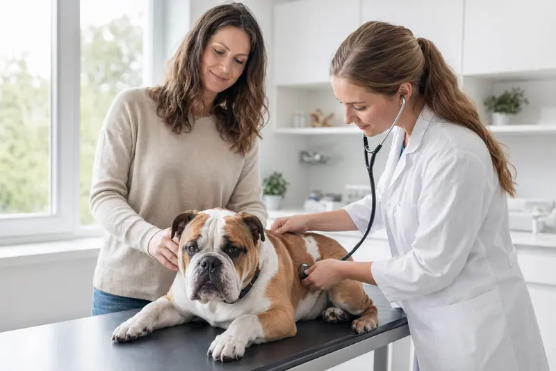 Eine ruhige Bulldogge wird von einer freundlichen Tierärztin mit einem Stethoskop in einer modernen Tierarztpraxis untersucht.