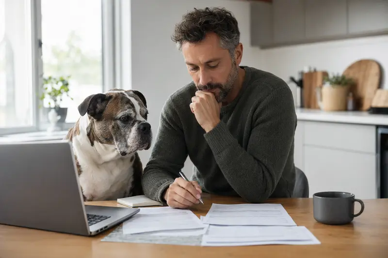 Eine Bulldogge sitzt entspannt neben seinem Besitzer, während dieser am Küchentisch Versicherungsunterlagen und einen Laptop mit Vergleichsseiten betrachtet.