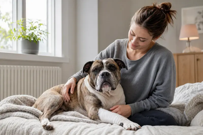 Eine entspannte Bulldogge mit einem Verband an der Pfote liegt neben einem erleichterten Besitzer auf einer Decke in einer hellen Wohnung.