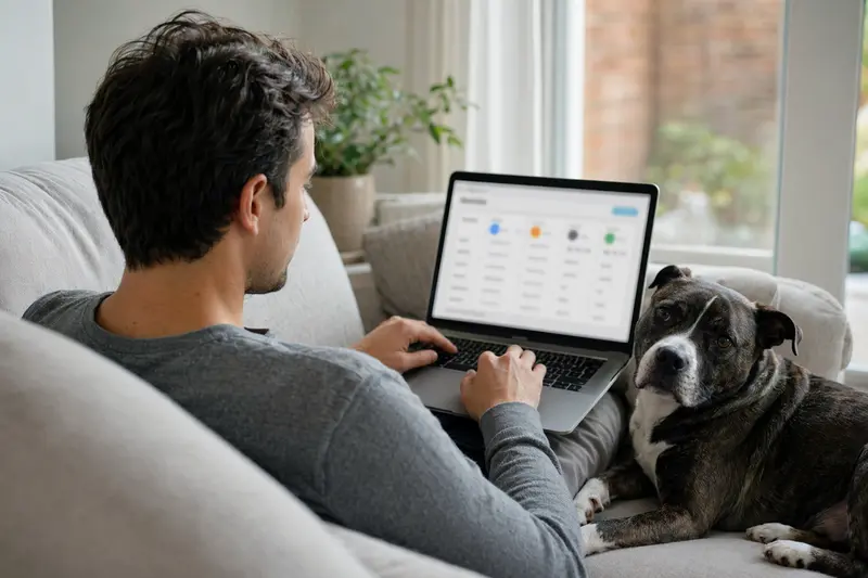 Ein Hundebesitzer mit Bulldogge arbeitet am Laptop auf dem Sofa in einer hellen Wohnung und vergleicht Versicherungen.