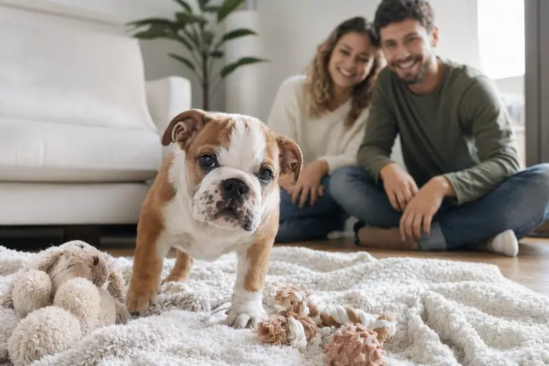 Ein neugieriger Bulldogge Welpe erkundet seine neue, helle und freundliche Wohnung, während seine Familie im Hintergrund liebevoll zusieht.