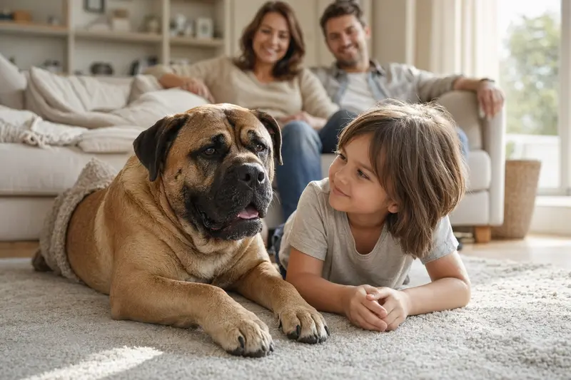 Ein entspannter Bullmastiff Hund liegt friedlich neben einem Kind im warmen Wohnzimmer.