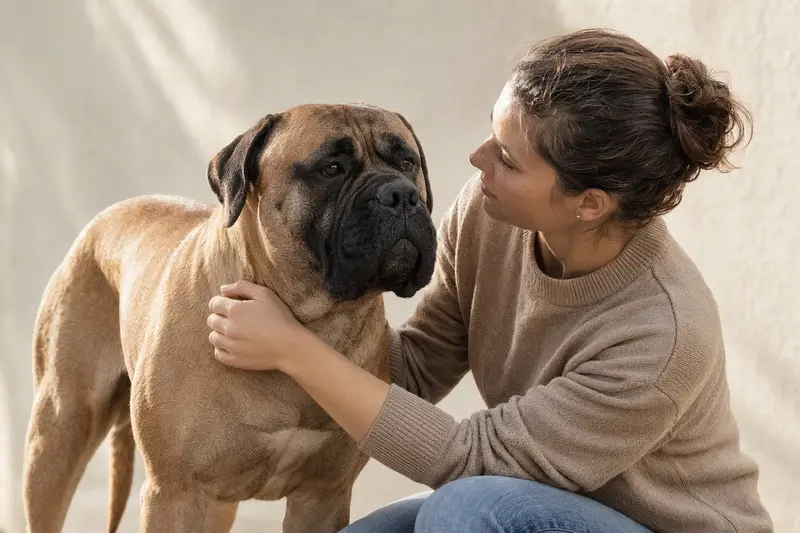Ein aufmerksamer Bullmastiff steht vor hellem Hintergrund und zeigt die typische Körperform der Rasse in einem professionellen Tierportrait.