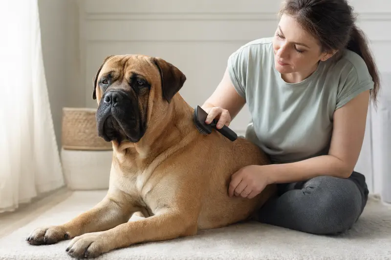 Ein Bullmastiff wird in einer hellen Wohnung liebevoll gebürstet, während der Besitzer ruhig die Fellpflege übernimmt.