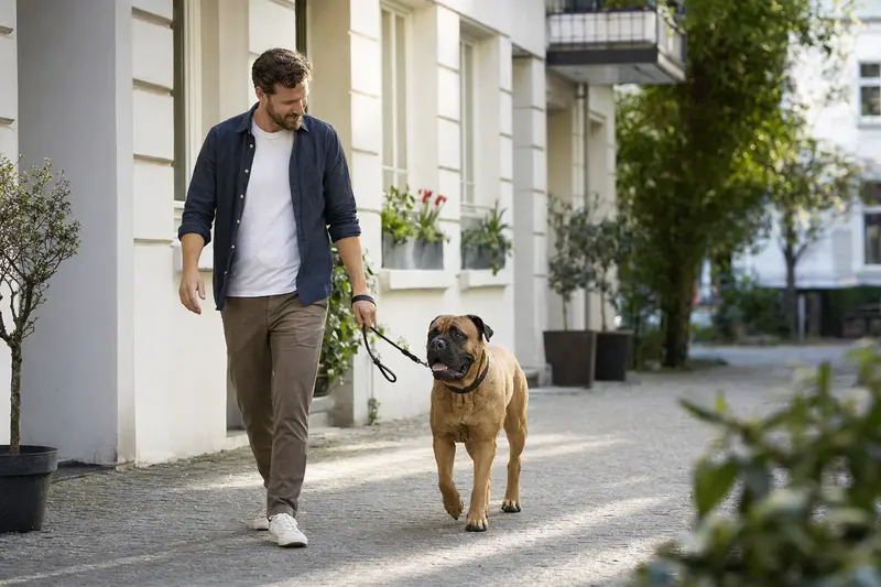 Ein Bullmastiff läuft an der Leine mit seinem Besitzer durch eine saubere moderne Stadtstraße im Alltag.