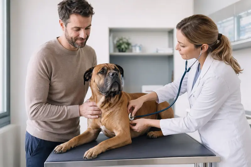 Ein entspannter Bullmastiff auf einem Untersuchungstisch wird von einer freundlichen Tierärztin mit einem Stethoskop untersucht.
