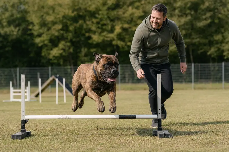 Ein Bullmastiff trainiert mit seinem Besitzer auf einem Hundeplatz über eine kleine Hürde bei sonnigem Wetter.