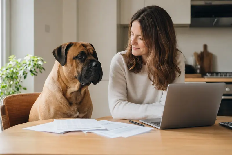 Ein Bullmastiff sitzt bei seinem Besitzer am Küchentisch, auf dem Versicherungsunterlagen und ein Laptop liegen.