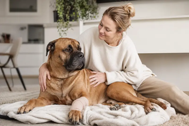 Ein entspannter Bullmastiff mit leichtem Verband an der Pfote sitzt neben seinem Besitzer in einer hellen Wohnung.