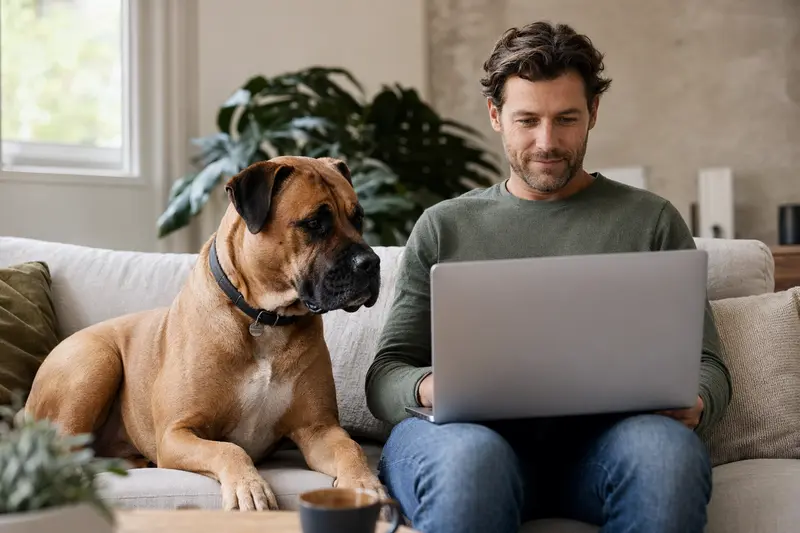 Besitzer mit Laptop auf dem Sofa und Bullmastiff Hund in heller Wohnung, zeigt Versicherungsvergleich.