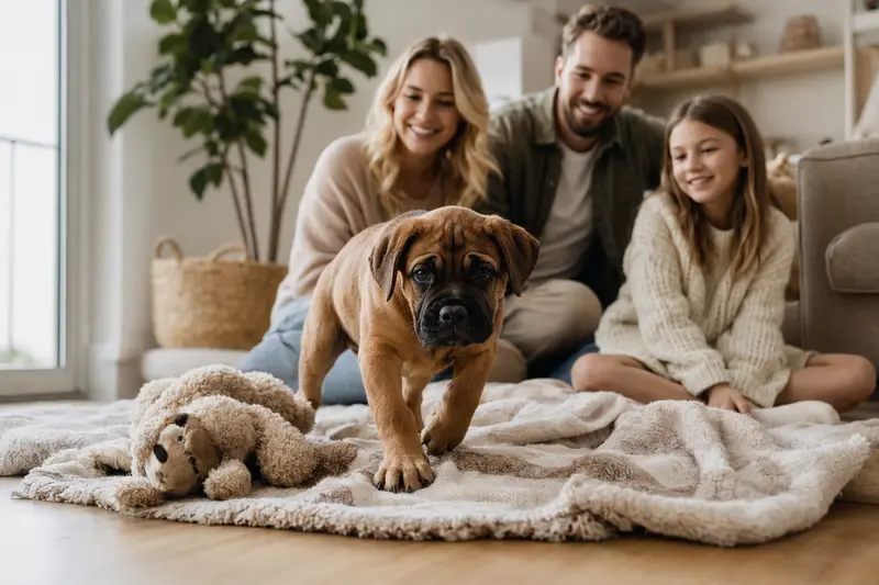 Ein junger Bullmastiff Welpe erkundet neugierig sein neues Zuhause mit einem weichen Spielzeug und einer liebevollen Familie im Hintergrund.