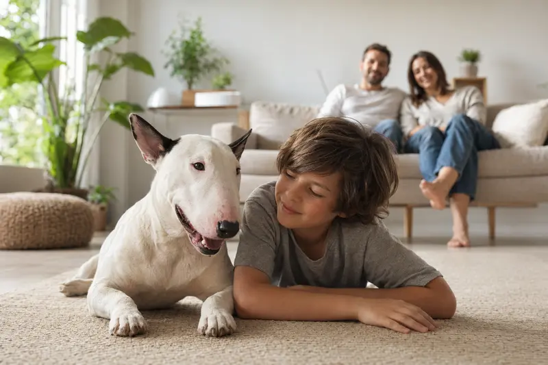 Ein freundlicher Bullterrier Hund liegt entspannt neben einem Kind im Wohnzimmer.