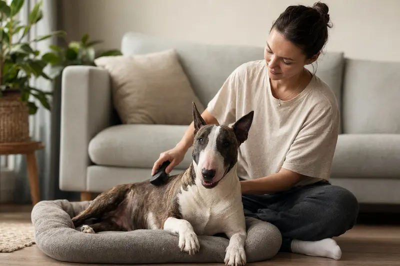 Ein Bullterrier wird in einer hellen Wohnung liebevoll vom Besitzer gebürstet, während die Fellpflege ruhig und fürsorglich erfolgt.