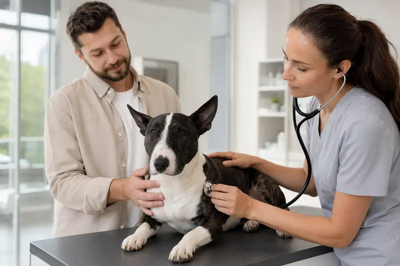Ein ruhiger Bullterrier auf einem Untersuchungstisch wird behutsam von einer Tierärztin mit einem Stethoskop untersucht.