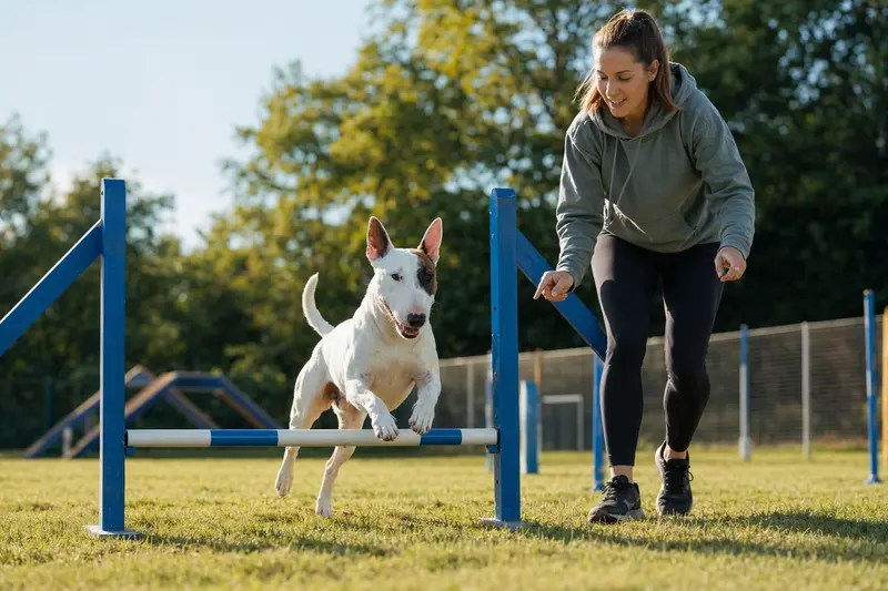 Ein aktiver Bullterrier springt mit seinem Besitzer über eine kleine Trainingshürde auf dem Hundeplatz.