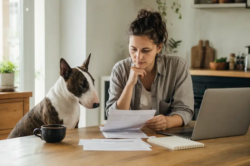 Ein Bullterrier sitzt ruhig neben seinem Besitzer am Küchentisch, während Versicherungsunterlagen und ein Laptop darauf liegen.