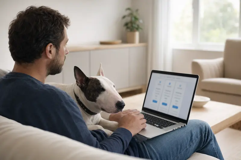 Ein Bullterrier sitzt entspannt neben einem Besitzer, der auf seinem Laptop nach Informationen zu Tierkrankenversicherungen sucht.