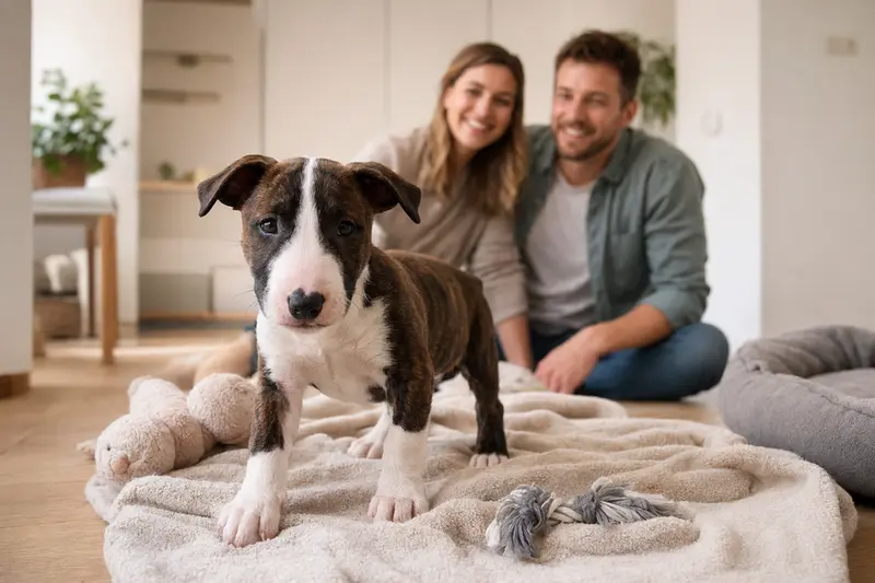 Ein neugieriger Bullterrier Welpe erkundet seine neue, liebevoll gestaltete Umgebung mit Spielzeug und Familie.