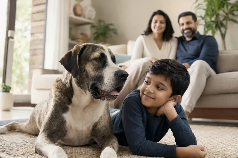 Ein entspannter Bully Kutta Hund liegt neben einem glücklichen Kind im Wohnzimmer und vermittelt eine vertrauensvolle Familienatmosphäre.