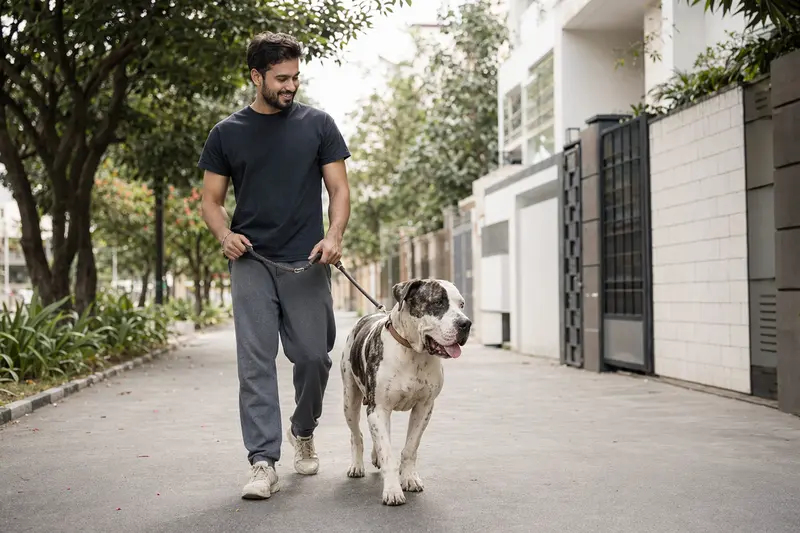 Ein Bully Kutta Hund läuft an der Leine mit seinem Besitzer durch eine freundliche moderne Stadtstraße.