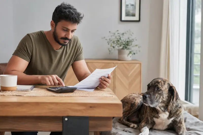 Ein Bully Kutta liegt entspannt auf einer Decke, während sein Besitzer am Tisch eine Tierarztrechnung prüft und eine Hundekrankenversicherung bedenkt.